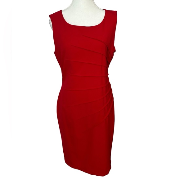 Calvin Klein Red Sleeveless Pleated Midi Sheath Dress - Picture 2 of 10
